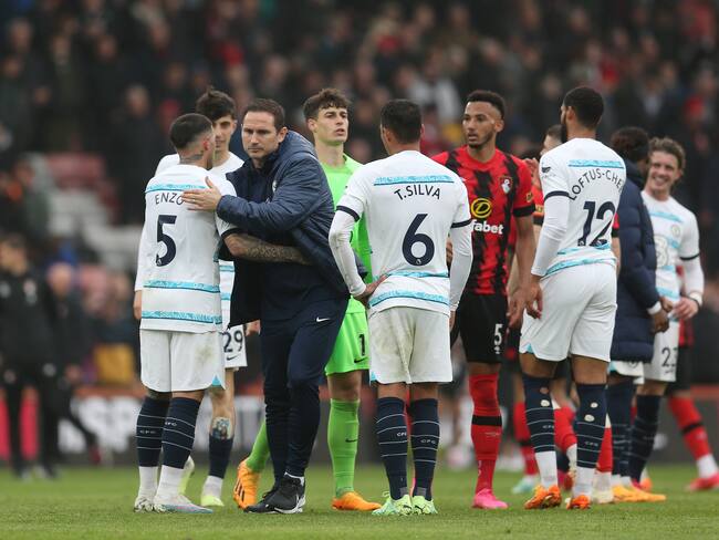 BOURNEMOUTH, ENGLAND - MAY 06: Frank Lampard, Caretaker Manager of Chelsea, interacts with Enzo Fernandez of Chelsea after the Premier League match between AFC Bournemouth and Chelsea FC at Vitality Stadium on May 06, 2023 in Bournemouth, England. (Photo by Steve Bardens/Getty Images)