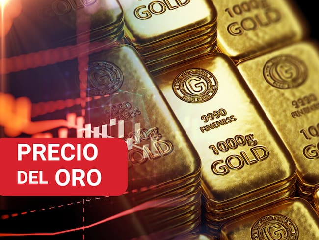 Varios lingotes de oro de 1.000 gramos junto con una ilustración de precios (Foto vía Getty Images)