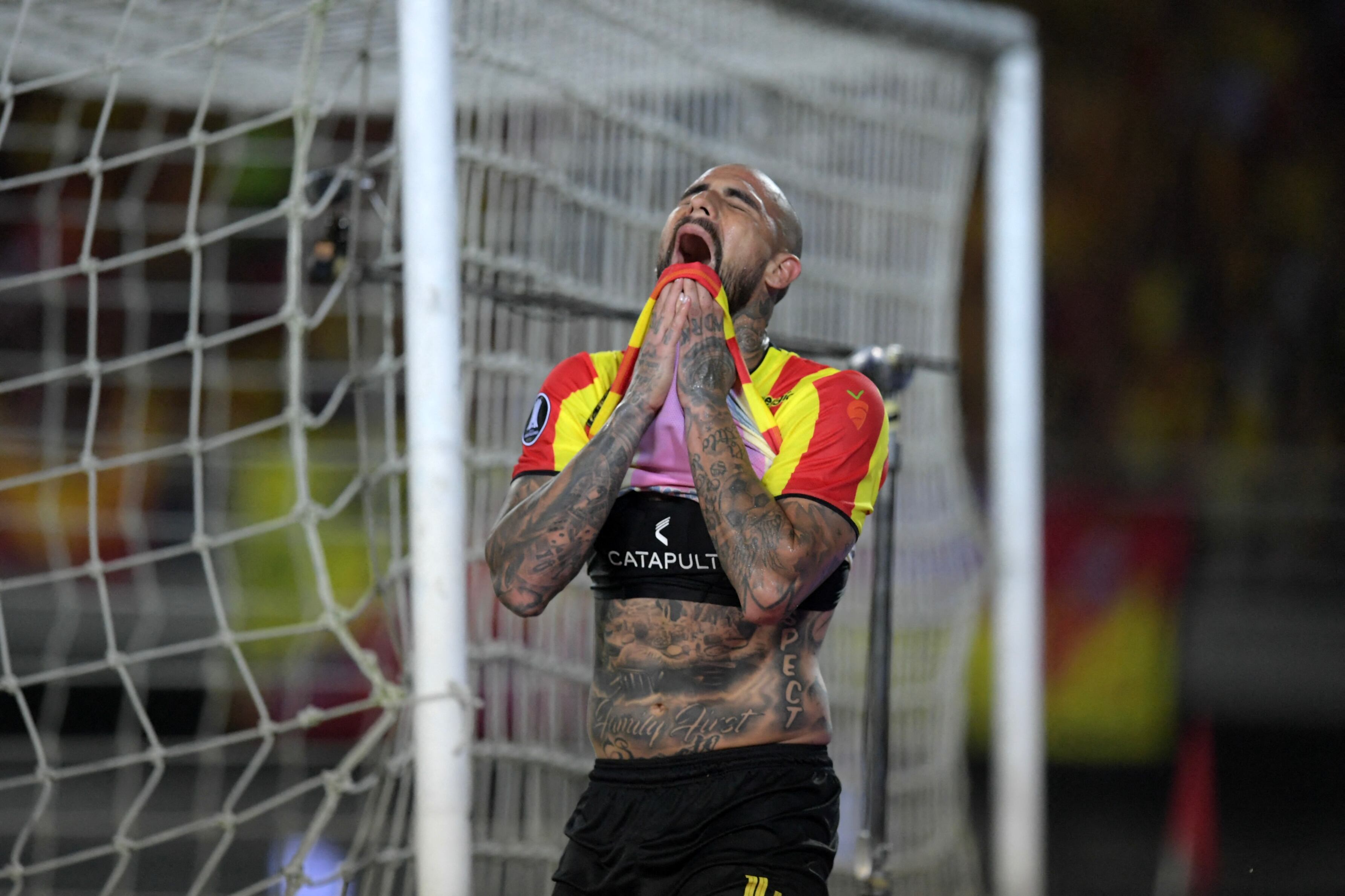 Deportivo Pereira's defender Juan Quintero reacts after being injured during the Copa Libertadores quarterfinals first leg football match between Colombia's Deportivo Pereira and Brazil's Palmeiras, at the Hernan Ramirez Villegas stadium in Pereira, Colombia, on August 23, 2023. (Photo by Raul ARBOLEDA / AFP) (Photo by RAUL ARBOLEDA/AFP via Getty Images)