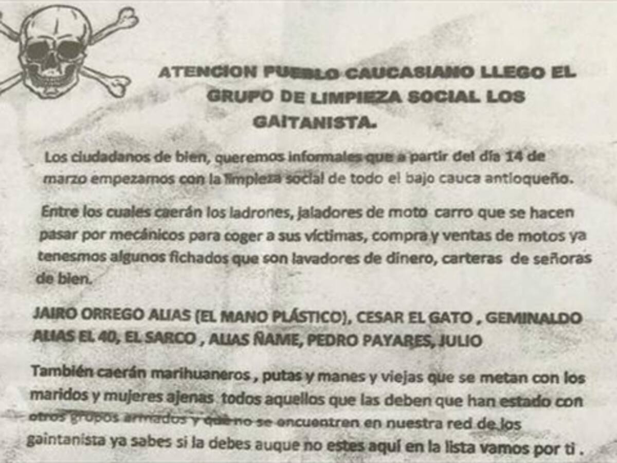 Denuncian panfleto con amenaza de supuesta limpieza social en el bajo Cauca