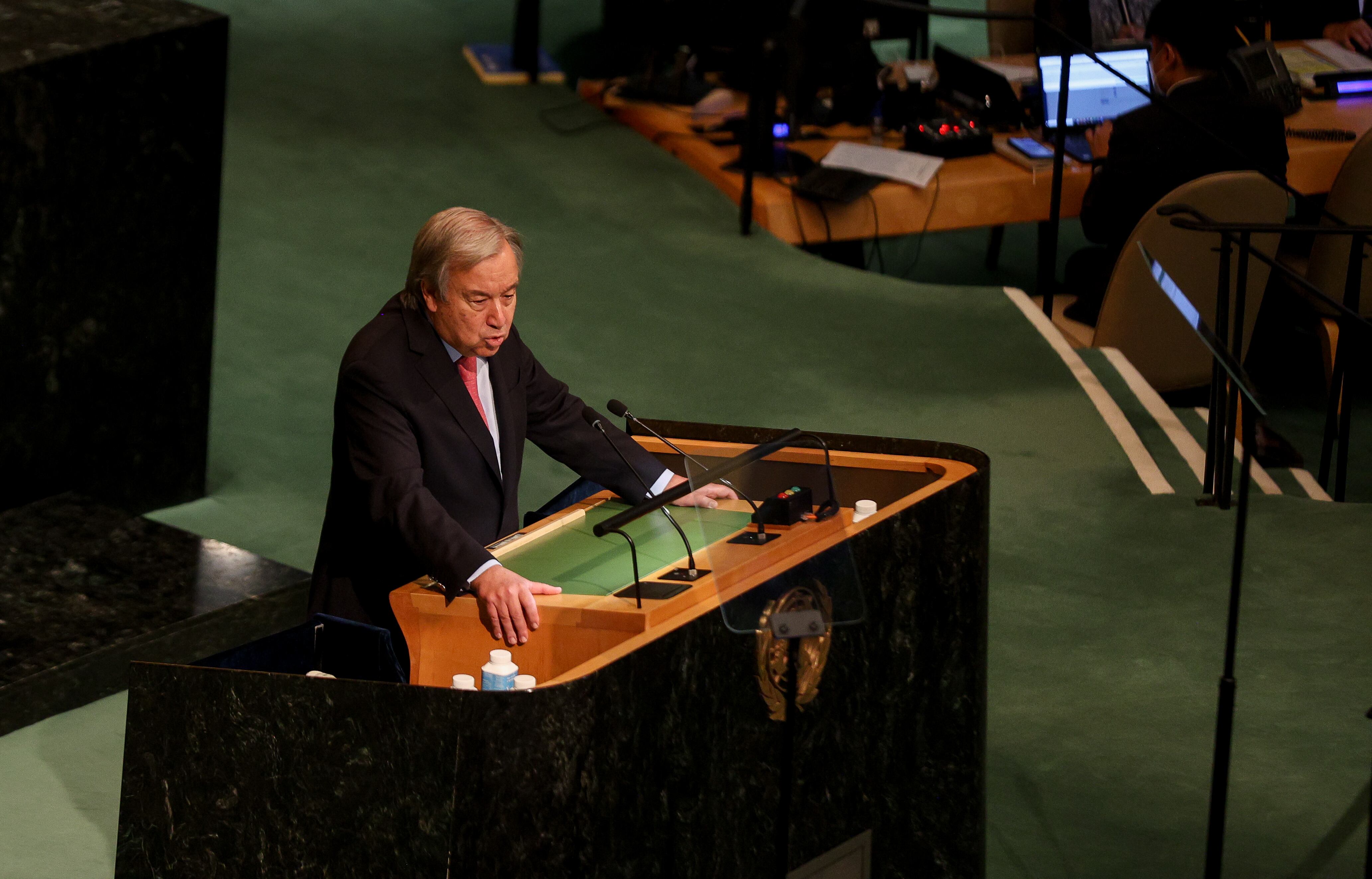El secretario general de las Naciones Unidas, Antonio Guterres, durante su intervención al inicio de la versión 77 de la Asamblea General del organismo.
