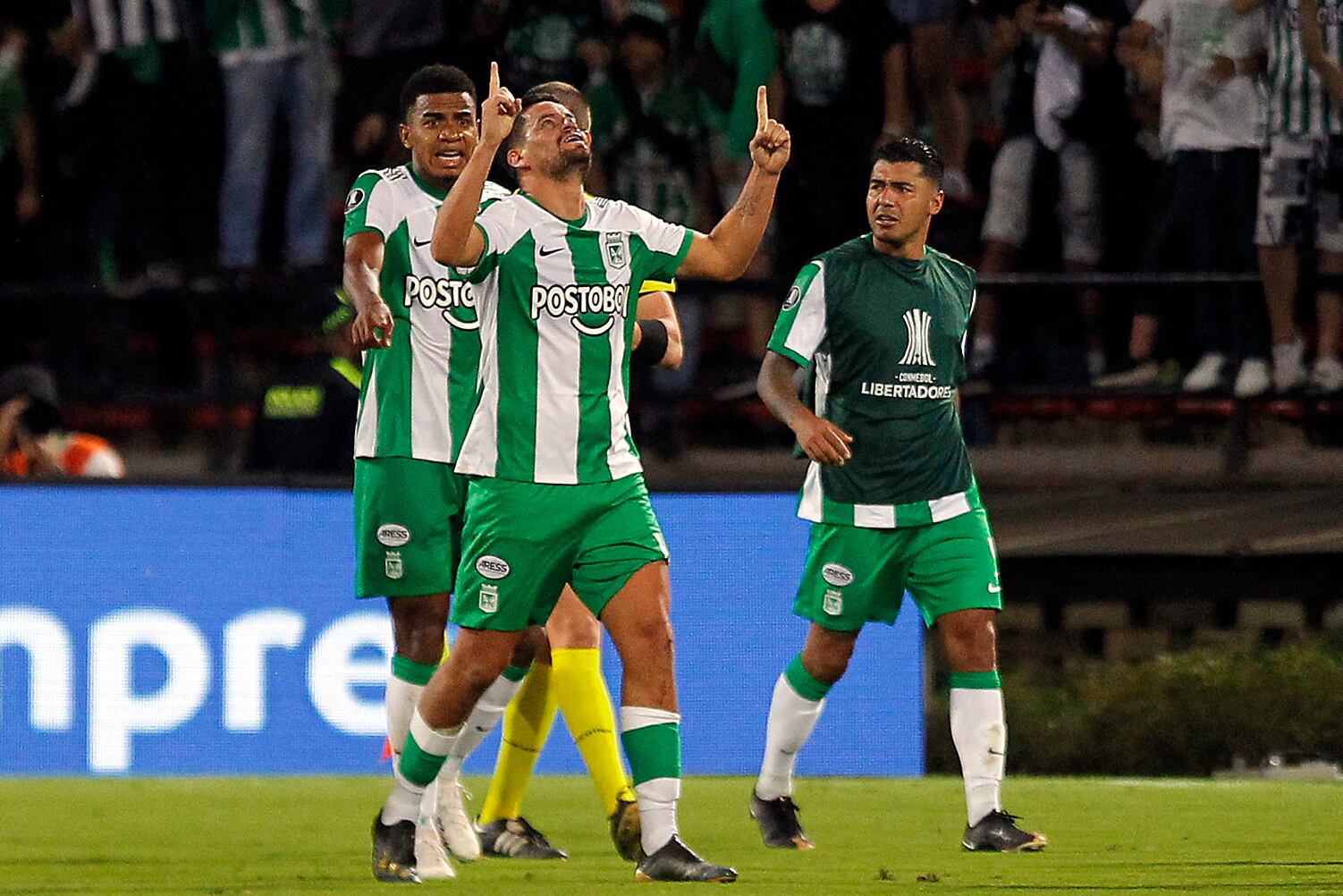 Atletico Nacional's Uruguayan midfielder Maximiliano Cantera (C) celebrates after scoring during the Copa Libertadores round of 16 first leg football match between Colombia's Atletico Nacional and Argentina's Racing Club at the Atanasio Girardot stadium in Medellin, Colombia, on August 3, 2023. (Photo by Fredy BUILES / AFP) (Photo by FREDY BUILES/AFP via Getty Images)