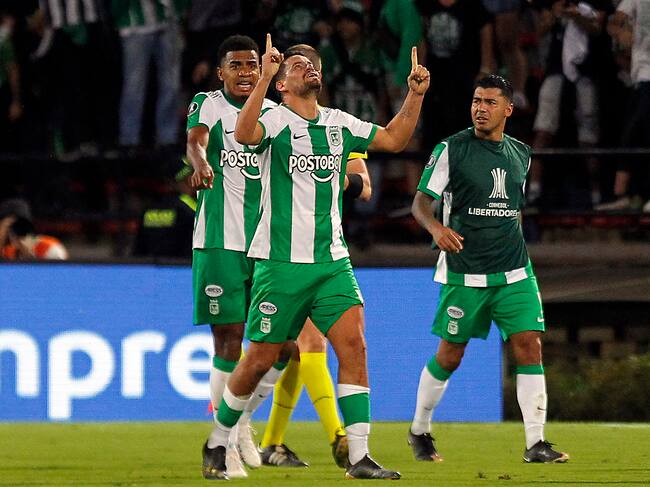 Atletico Nacional's Uruguayan midfielder Maximiliano Cantera (C) celebrates after scoring during the Copa Libertadores round of 16 first leg football match between Colombia's Atletico Nacional and Argentina's Racing Club at the Atanasio Girardot stadium in Medellin, Colombia, on August 3, 2023. (Photo by Fredy BUILES / AFP) (Photo by FREDY BUILES/AFP via Getty Images)