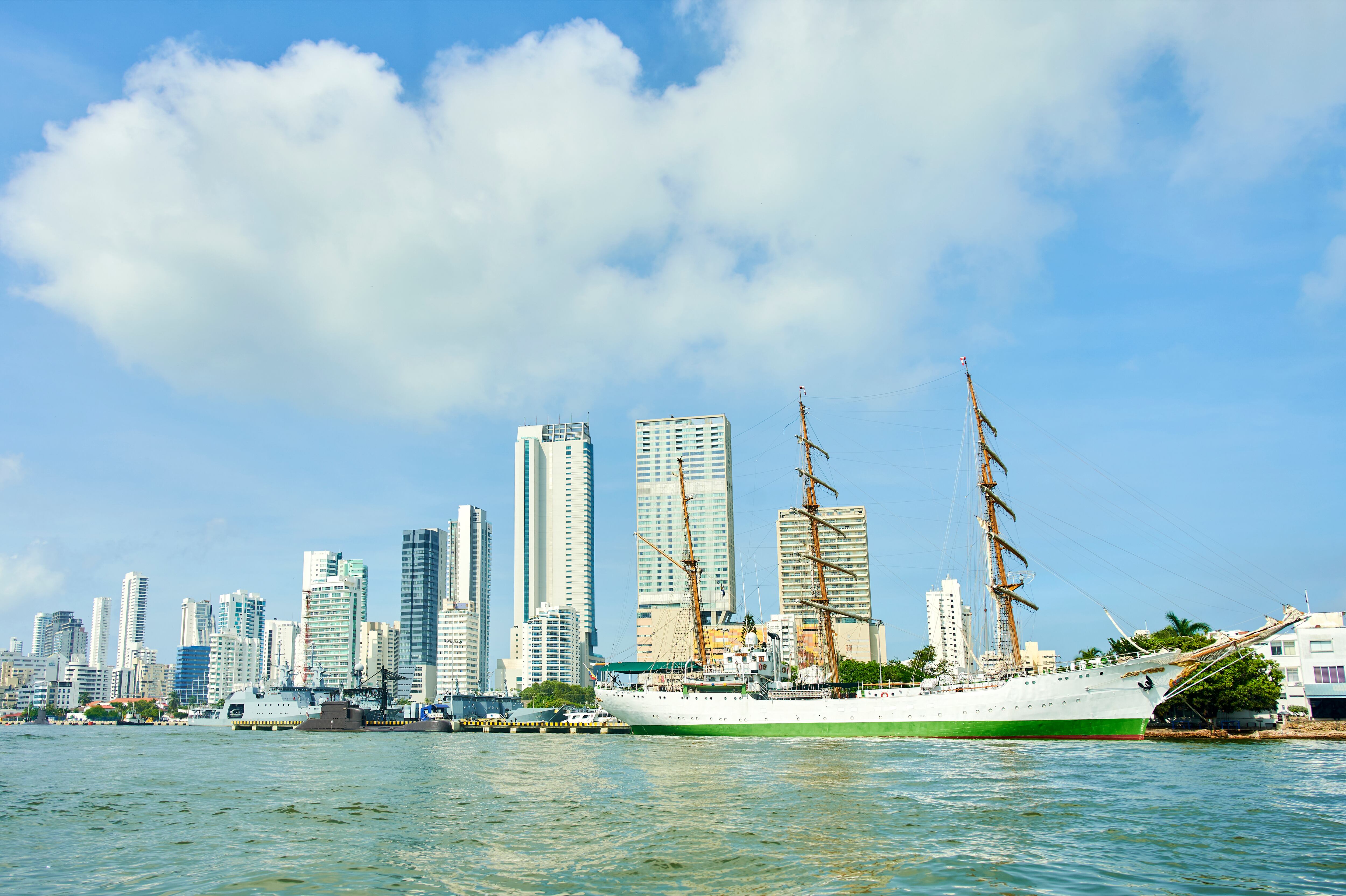 Landscape of Bocagrande and boats in Cartagena de Indias