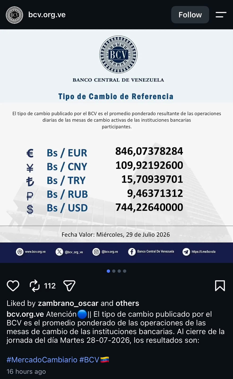 Banco Central de Venezuela comparte tipo de cambio