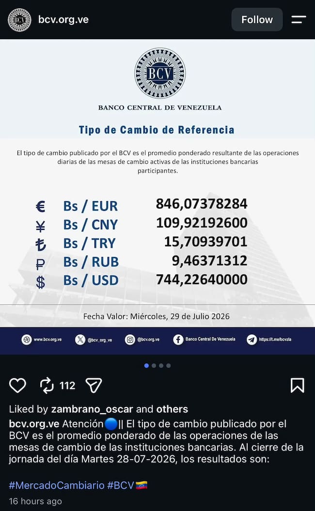 Banco Central de Venezuela comparte tipo de cambio