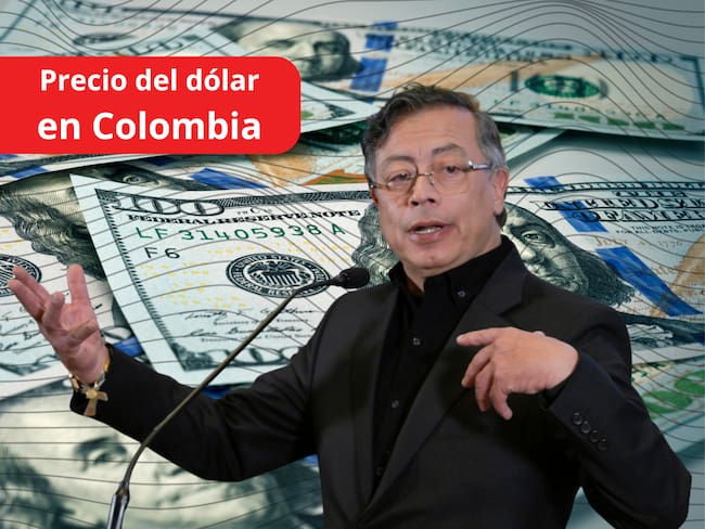 El Presidente de Colombia, Gustavo Petro, habla en una rueda de prensa este martes, en Washington (Cortesía: EFE/ Lenin Nolly) // De fondo: Imagen ilustrativa del dólar (Cortesía: Getty Images)