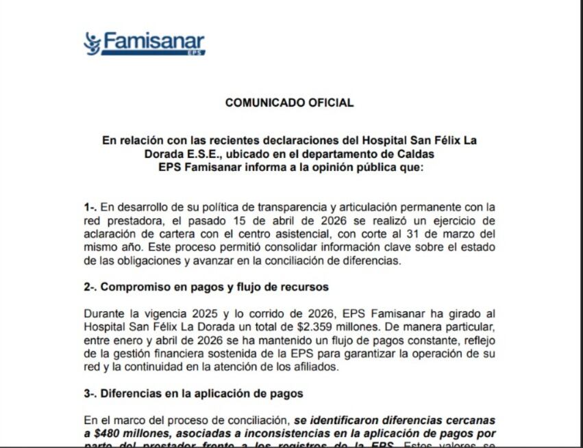 EPS Famisanar ha girado al Hospital San Félix en La Dorada (Caldas) $ 2.359 millones