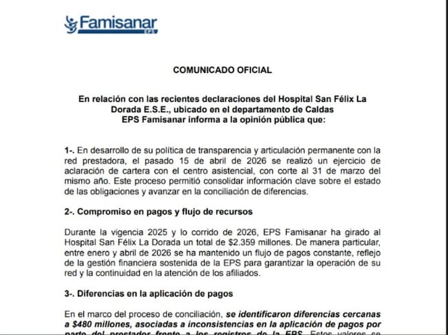 EPS Famisanar ha girado al Hospital San Félix en La Dorada (Caldas) $ 2.359 millones