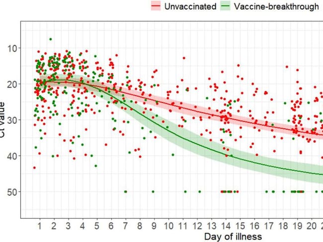 La carga viral de la cepa Delta disminuye más rápido en personas que están vacunadas en comparación con personas no vacunadas.