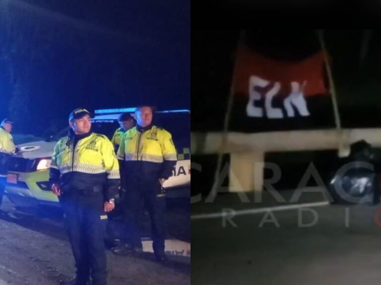 Bandera alusiva al ELN y al lado agentes de la Policía Nacional (Fotos vía Caracol Radio)