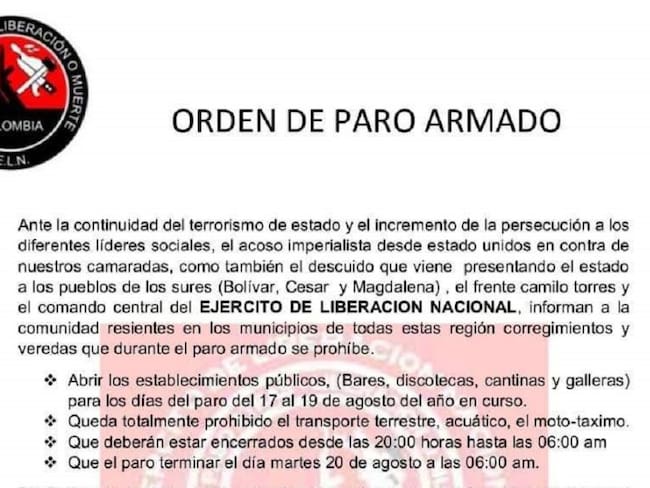 Aparecen panfletos del ELN anunciando paro armado en Bolívar