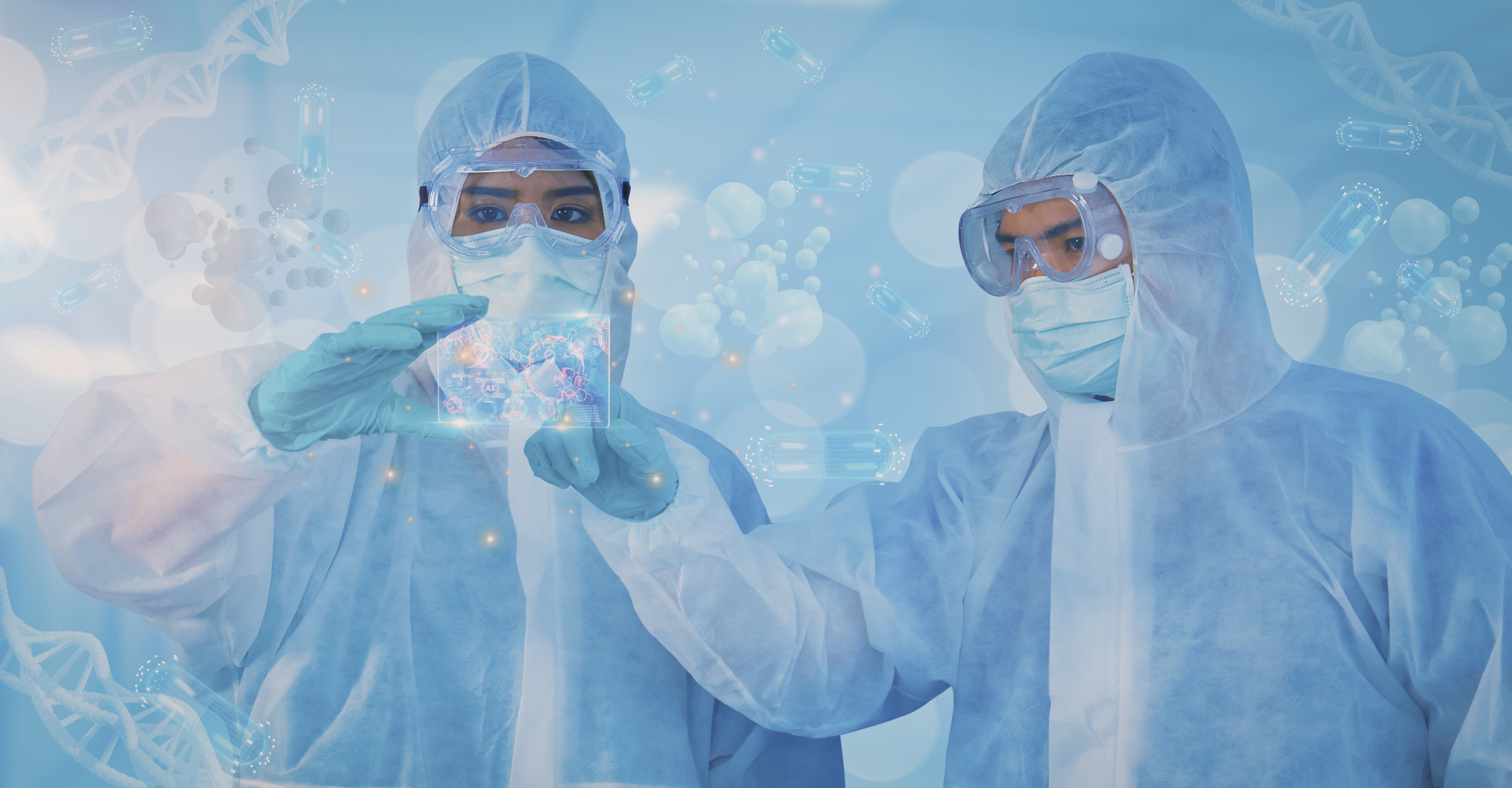 Medical concept,AI technology,examination,research,analysis DNA structure,cells,blood in sterile lab,diagnosis coronavirus or covid 19 ,epidemic respiratory system,doctor use virtual screen equipment