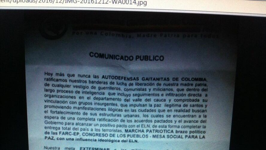 n un panfleto firmado bajo el nombre de las  Autodefensas Gaitanistas de Colombia, se conocieron nuevas amenazas contra integrantes de movimientos sociales . Foto: W Radio