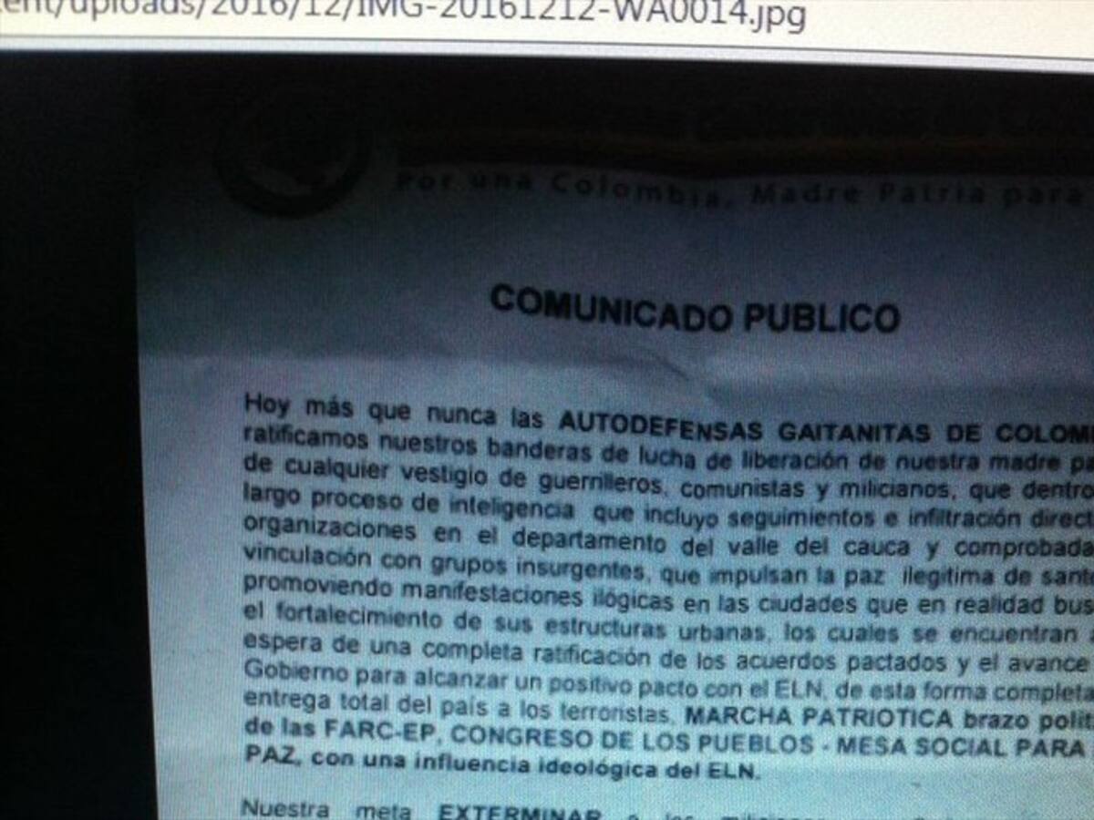 Con panfleto amenazan a líderes sociales y sindicales en el Valle del Cauca