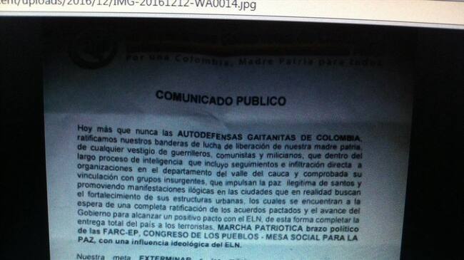 n un panfleto firmado bajo el nombre de las Autodefensas Gaitanistas de Colombia, se conocieron nuevas amenazas contra integrantes de movimientos sociales . Foto: W Radio