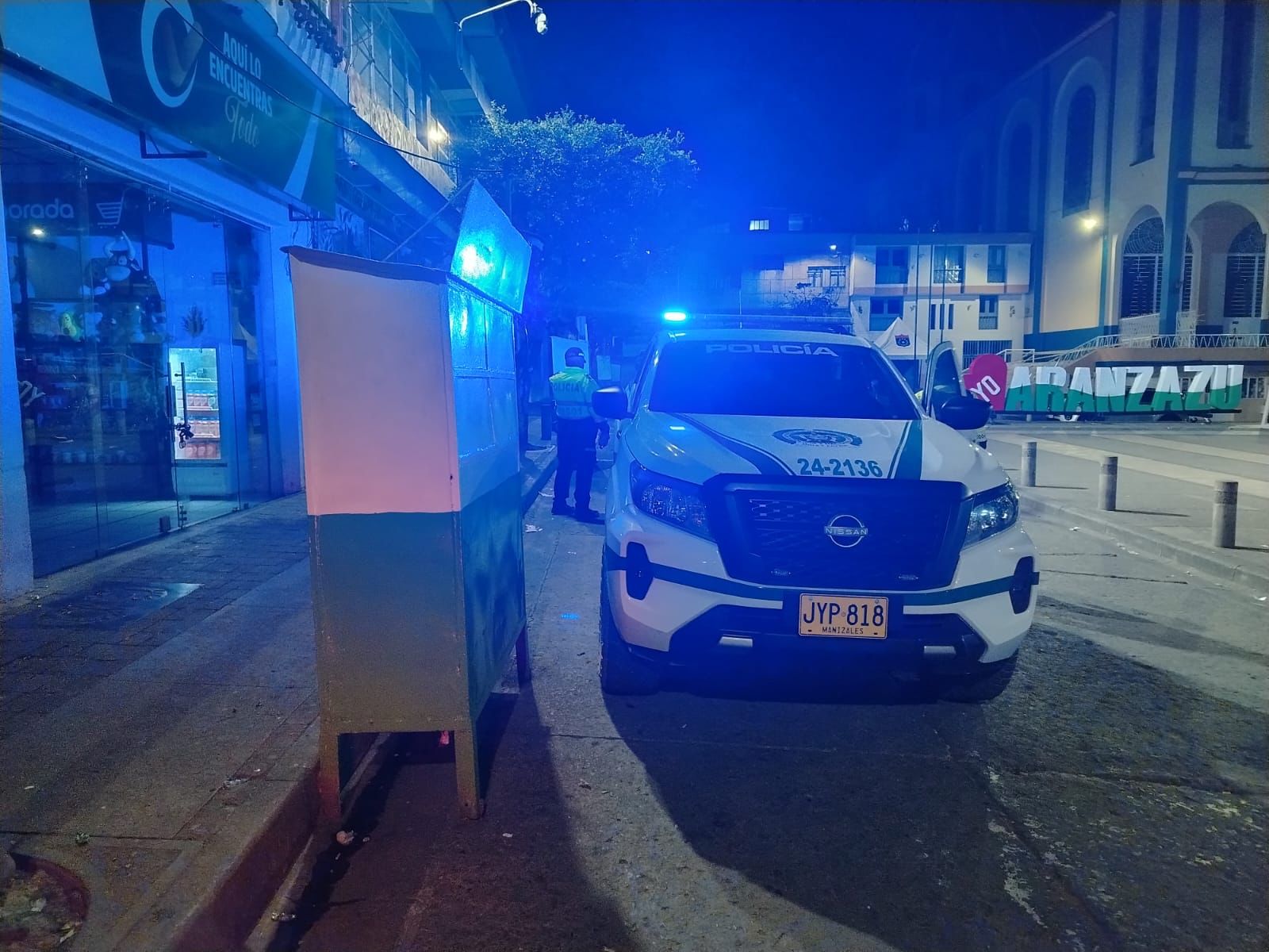 Uniformados de la policía en el municipio de Aranzazu. Foto: Policía Caldas.