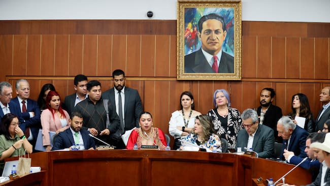 BOG400. BOGOTÁ (COLOMBIA), 03/04/2024.- La presidenta de la Comisión Séptima del Senado, Martha Isabel Peralta Epieyu (c), habla este miércoles durante un debate en la sala de la Comisión en Bogotá (Colombia). La comisión Séptima del Senado colombiano debate este miércoles, una ponencia para archivar la controvertida reforma a la salud del presidente colombiano, Gustavo Petro, mientras crecen las críticas a su Gobierno por la intervención en la entidad prestadora de salud (EPS) Sanitas, del grupo de origen español Keralty, por supuestos problemas financieros y vulneración de derechos de sus afiliados. EFE/ Carlos Ortega