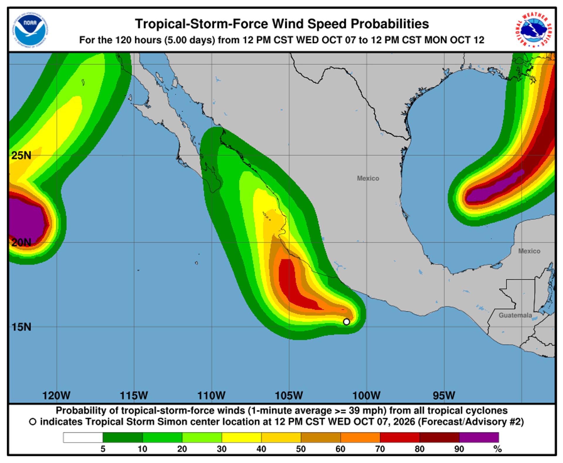 Imagen difundida por la Oficina Nacional de Administración Oceánica y Atmosférica (NOAA) del huracán Simón (c).