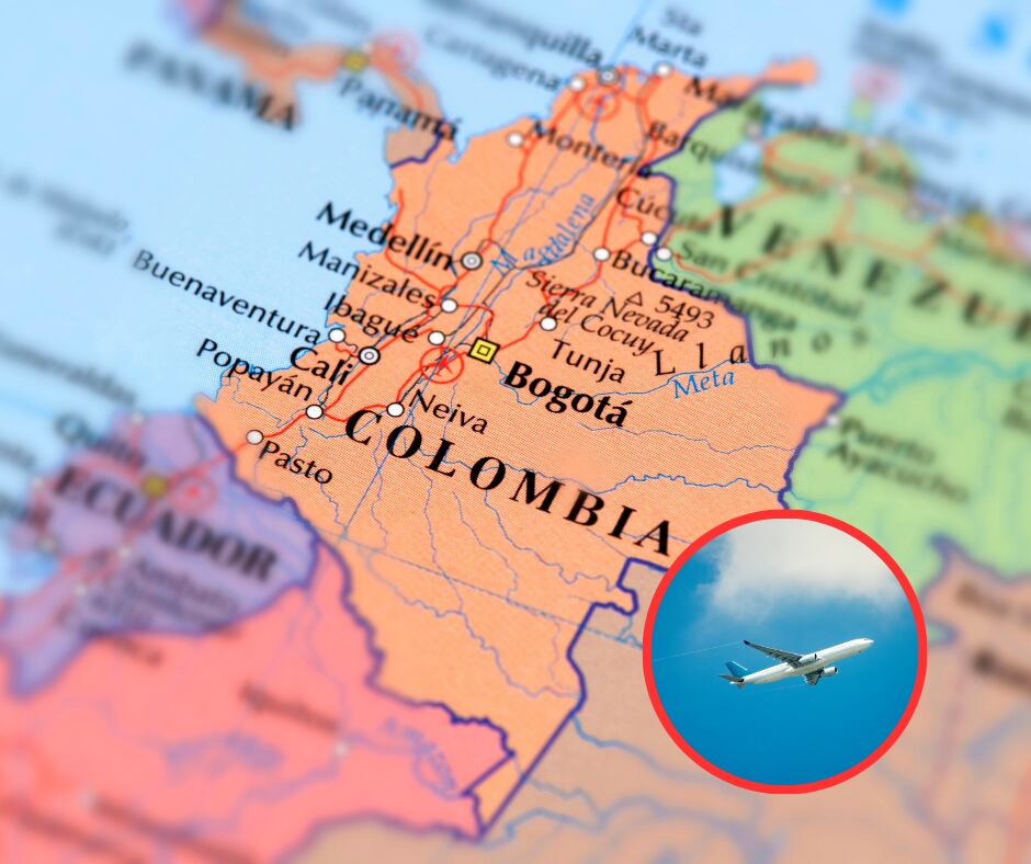 Mapa Colombia y avión volando (Getty Images)