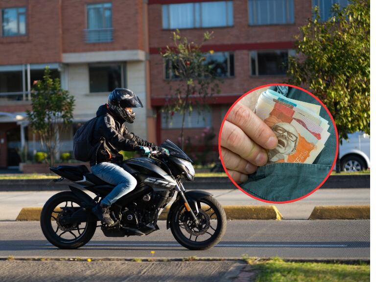 Hombre montando moto en Bogotá / Persona guardando dinero en un bolsillo (Getty Images)