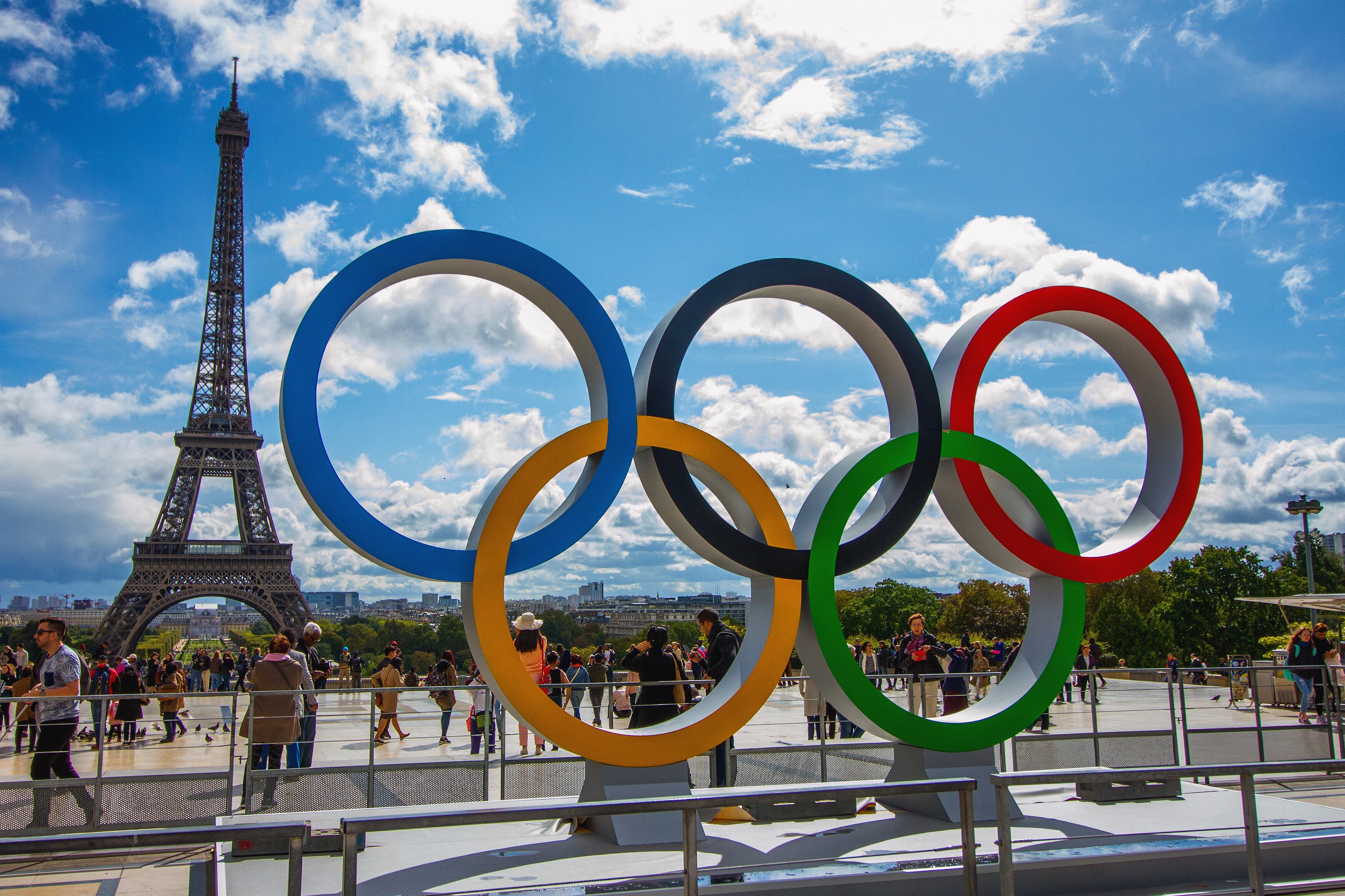 The Olympic Rings being placed in front of the Eiffel Tower in celebration of the French capital won the hosting right for the 2024 summer Olympic Games. (Photo by Nicolas Briquet/SOPA Images/LightRocket via Getty Images)