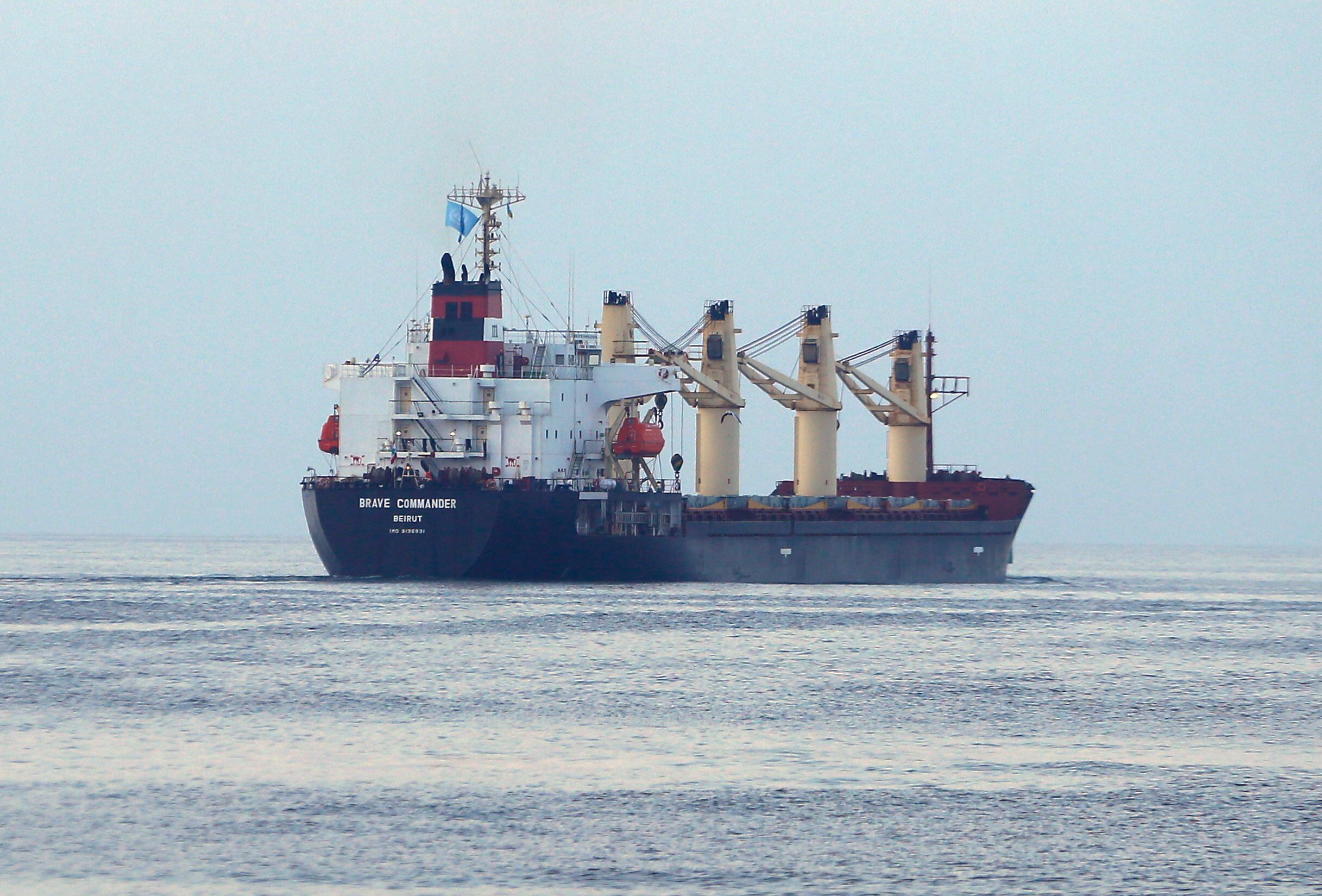 UN chartered bulk carrier Brave Commander ship under the flag of Lebanon carrying more than 23,000 tonnes of wheat cargo of the humanitarian food aid for Africa is seen leaving port in the town of Yuzhne, Odesa region, Ukraine on 16 August 2022, amid Russia's invasion of Ukraine. The ship sail to Ethiopia via the 'grain corridor' through the Black Sea, brokered by the United Nations and Turkey. (Photo by STR/NurPhoto via Getty Images)