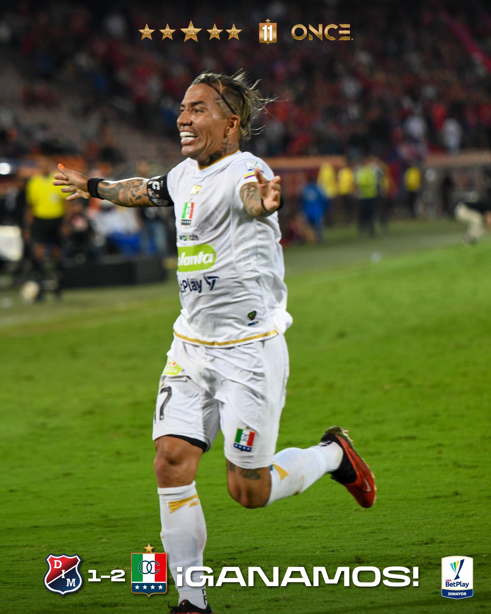 Dayro Moreno celebra su gol histórico para el triunfo del Once Caldas / Twitter: @Oncecaldas.