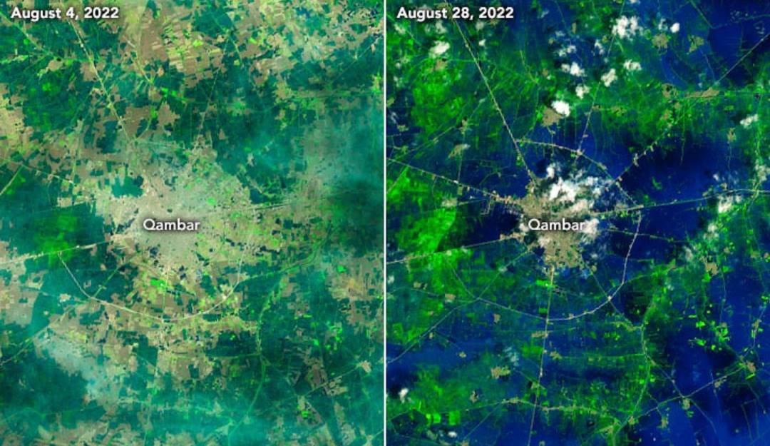 Vista espacial de la región de Kambar, afectada por las inundaciones en Pakistán.       Foto: Nasa satélite MODIS.