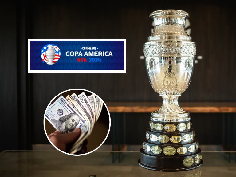 Trofeo de la Copa América 2024, junto con el logo del torneo y una persona con dólares en la mano (Fotos vía sitio web oficial de la CONMEBOL Copa América 2024 y Getty Images