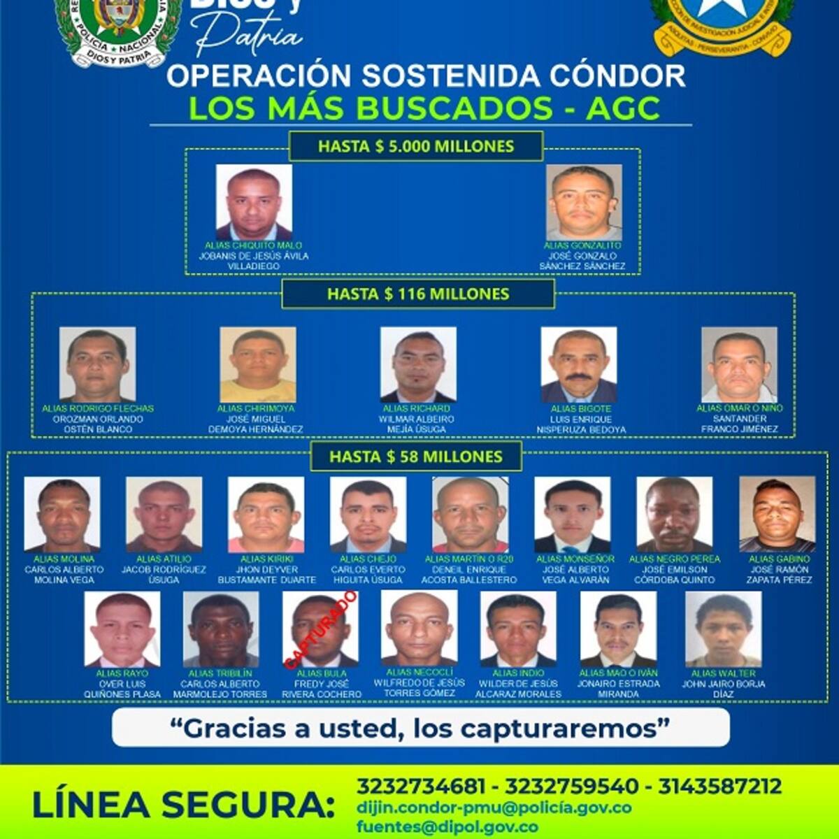 42 personas hacen parte del cartel actualizado de los más buscados de Antioquia