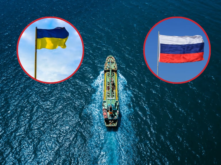 Imagen de referencia | Barco transportando mercancía - Bandera Rusia - Bandera Ucrania: Getty Images.