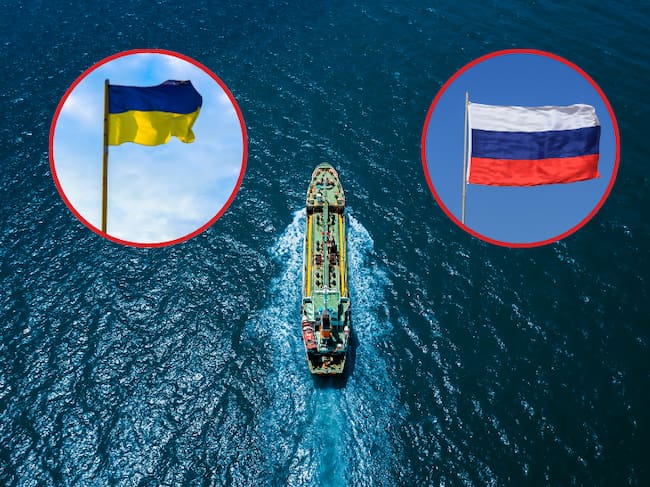 Imagen de referencia | Barco transportando mercancía - Bandera Rusia - Bandera Ucrania: Getty Images.
