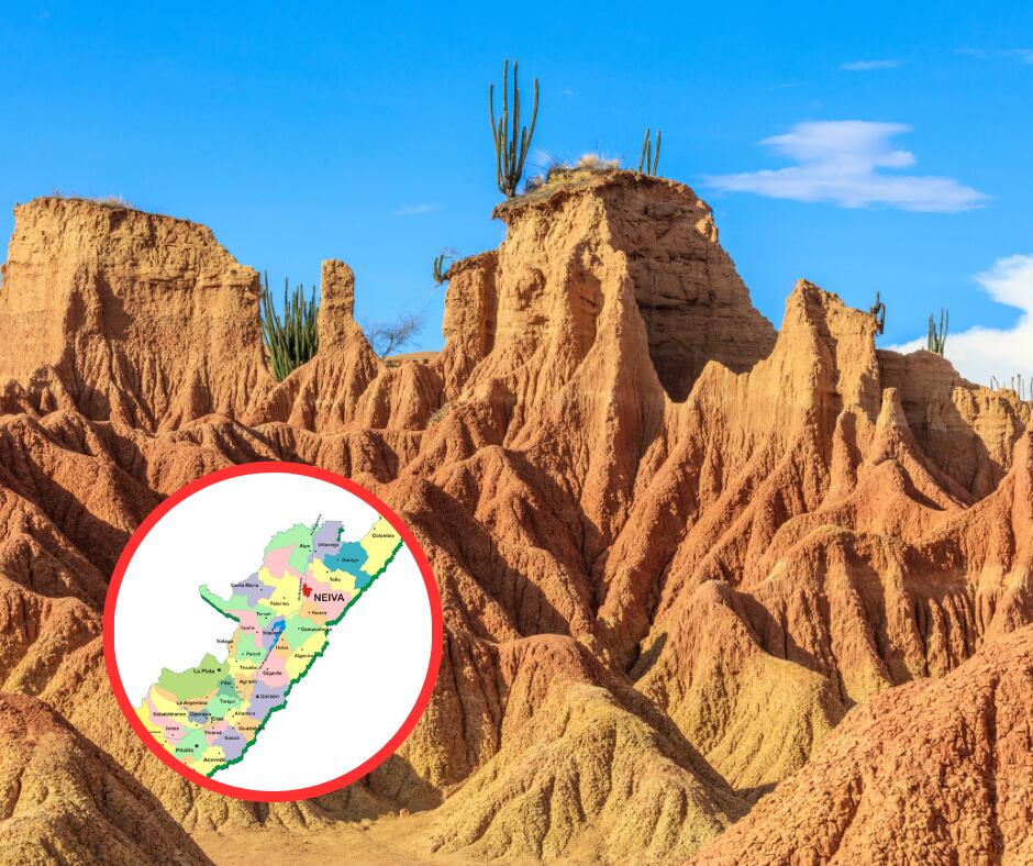 Desierto de la Tatacoa y mapa municipal de Huila (Getty Images)