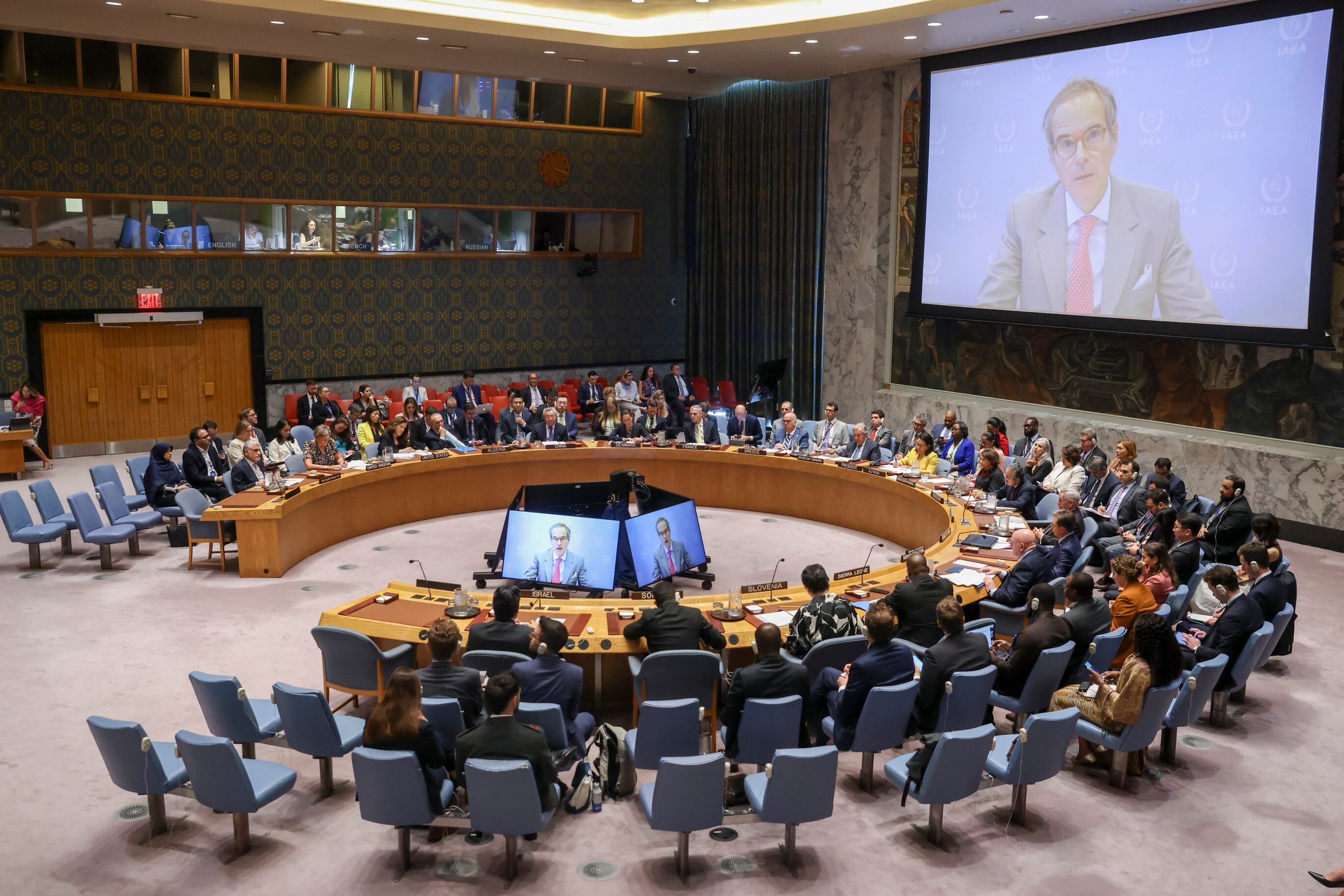 NEW YORK (United States), 20/06/2025.- Director General of the International Atomic Energy Agency (IAEA) Rafael Grossi speaks via video call during a Security Council meeting addressing the ongoing conflict between Iran and Israel, at the United Nations (UN) headquarters in New York, USA, 20 June 2025. (Nueva York) EFE/EPA/SARAH YENESEL