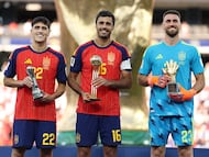 EAST RUTHERFORD, NEW JERSEY - JULY 19: Pau Cubarsi #22, Rodri #16 and Unai Simon #23 of Spain pose with their awards after the FIFA World Cup 2026 Final match between Spain and Argentina at New York New Jersey Stadium on July 19, 2026 in East Rutherford, New Jersey. (Photo by Alex Pantling - FIFA/FIFA via Getty Images)