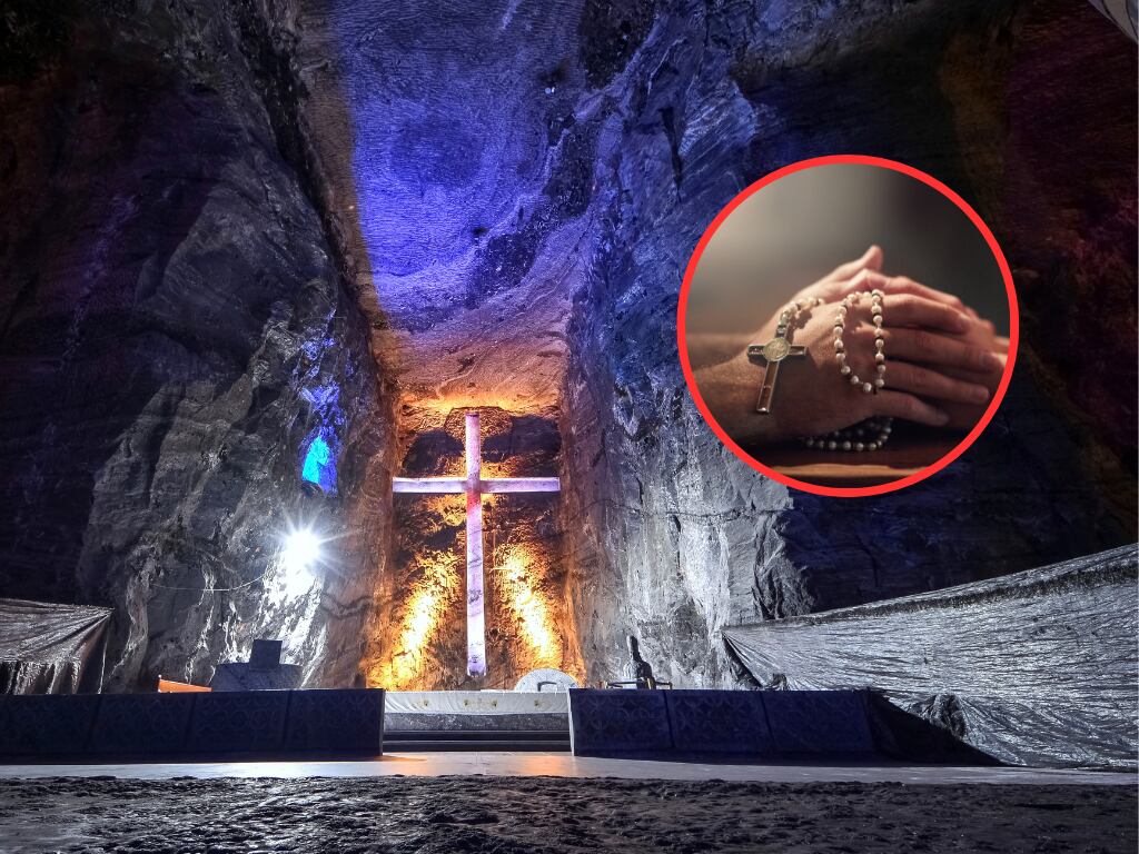 Catedral de Sal de Zipaquirá y de fondo las manos de una persona religiosa con una camándula (Fotos vía Getty Images)