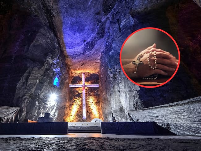 Catedral de Sal de Zipaquirá y de fondo las manos de una persona religiosa con una camándula (Fotos vía Getty Images)