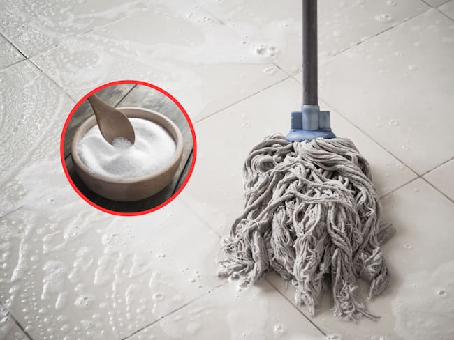 Un trapero para secar el piso y de fondo una taza de bicarbonato de sodio (Fotos vía Getty Images).