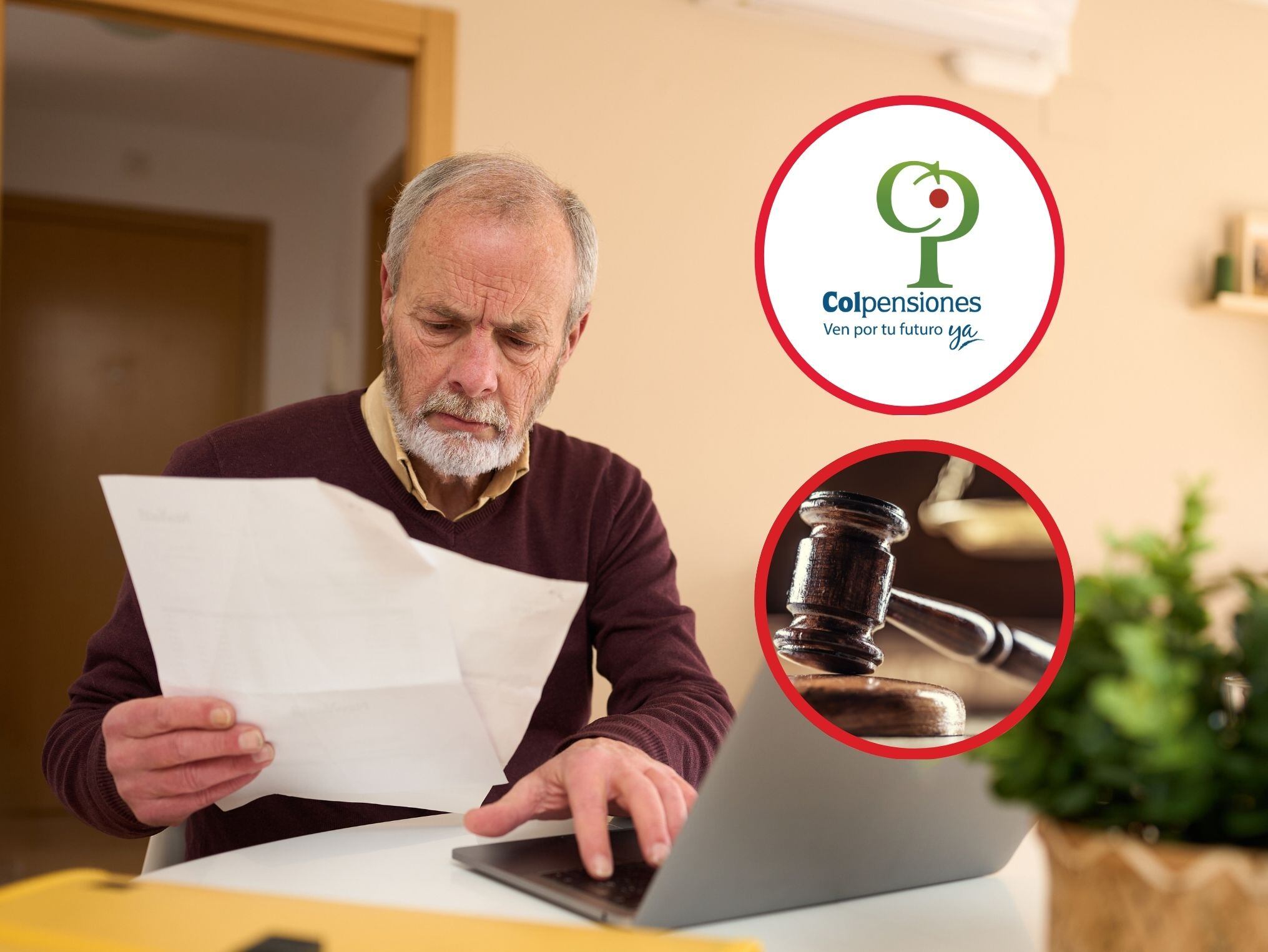 De fondo: Adulto mayor haciendo trámites en un portátil mientras observa documentos físicos que tiene en su mano. A su lado, imagen ilustrativa de la ley y el logo de Colpensiones (Crédito: Getty Images / Colpensiones)