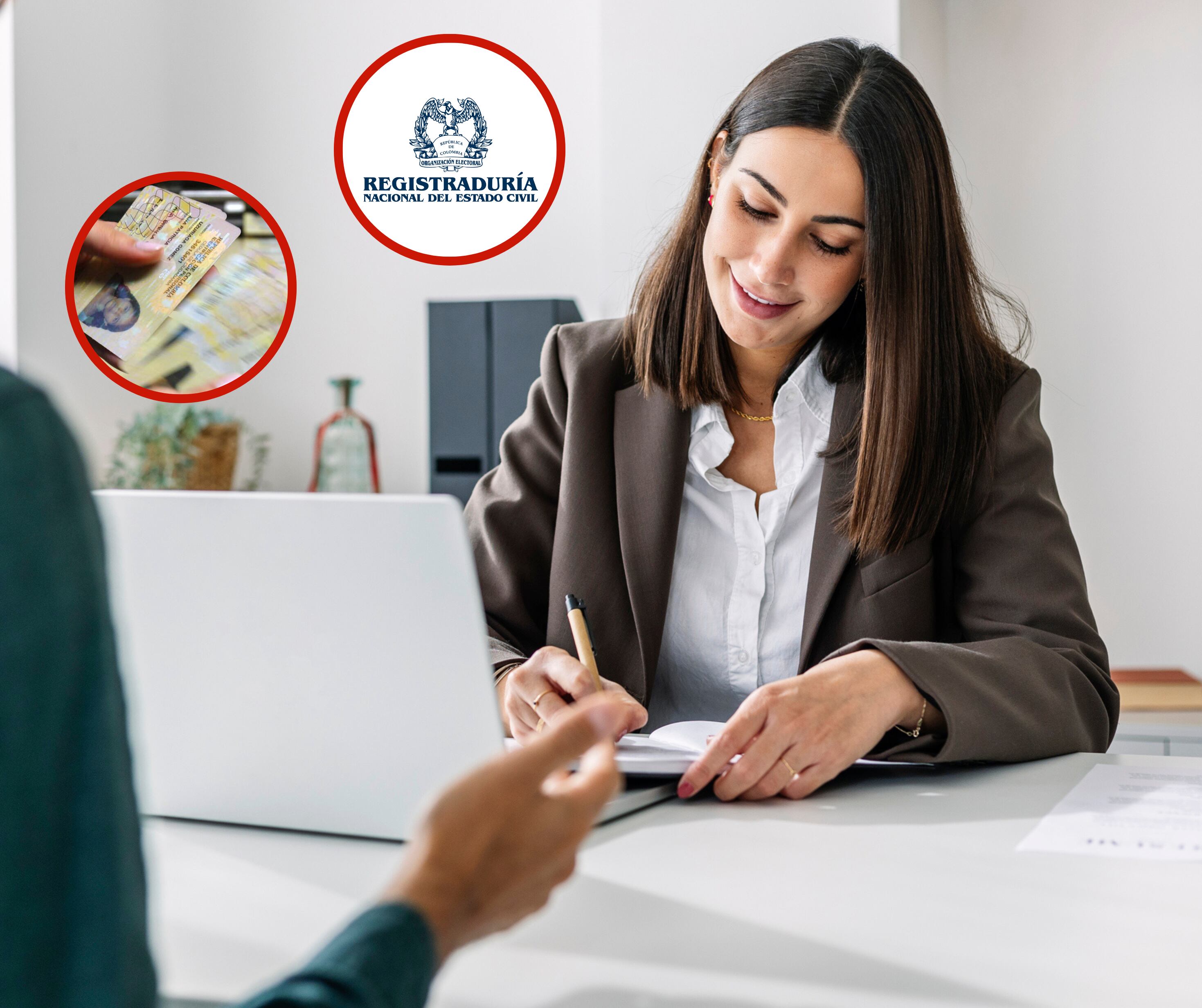 Mujer escribiendo junto al logo de la Registraduría Nacional y unas cédulas (Fotos vía Getty Images y Colprensa)
