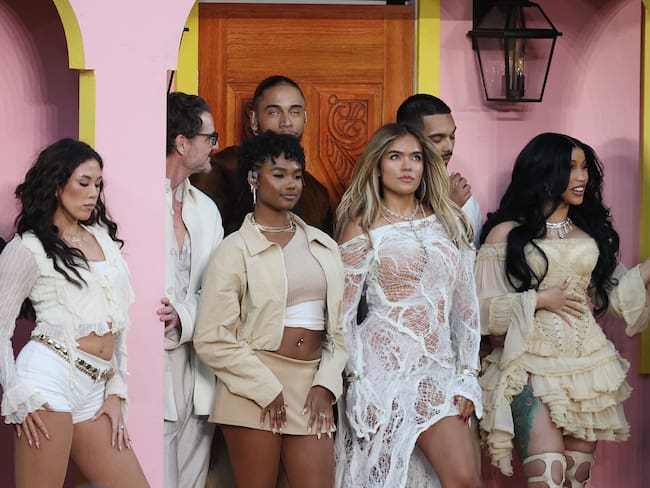 SANTA CLARA, CALIFORNIA - FEBRUARY 08: (L-R) Pedro Pascal, Karol G and Cardi B perform onstage during the Apple Music Super Bowl�LX Halftime Show at Levi's Stadium on February 08, 2026 in Santa Clara, California. Chris Graythen/Getty Images/AFP (Photo by Chris Graythen / GETTY IMAGES NORTH AMERICA / Getty Images via AFP)