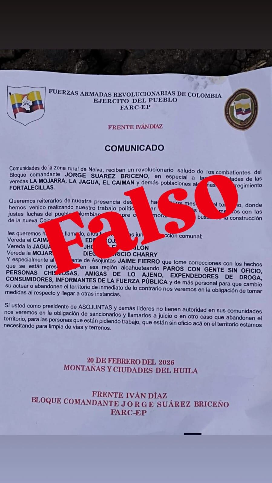 Panfleto difundido en redes sociales generó preocupación en comunidades rurales de Neiva y el corregimiento de Fortalecillas, autoridades confirmaron que sería falso.