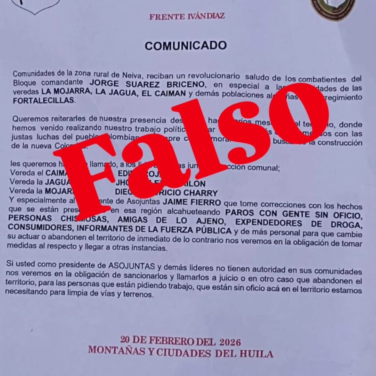 Investigan circulación de panfleto falso que generó temor en comunidades rurales de Neiva