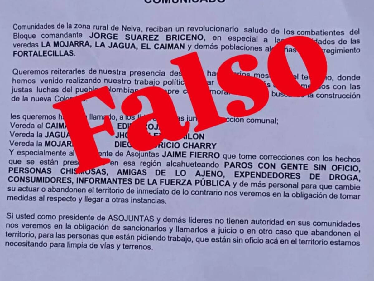 Investigan circulación de panfleto falso que generó temor en comunidades rurales de Neiva