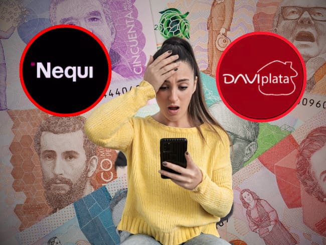 Billetes colombianos // mujer sorprendida / logos de Nequi y Daviplata