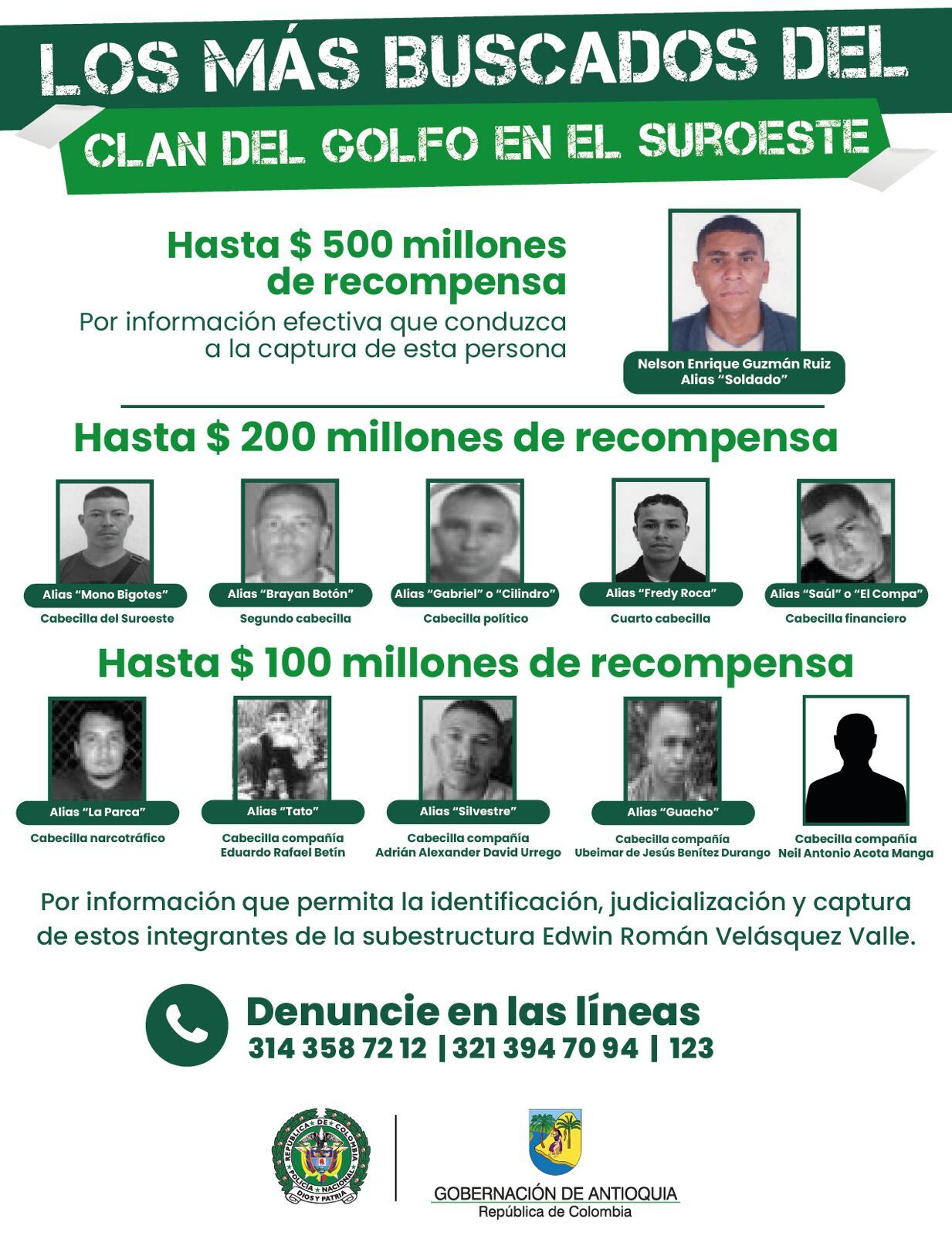 Cartel de los más buscados del Clan del Golfo. Foto: Gobernación de Antioquia.