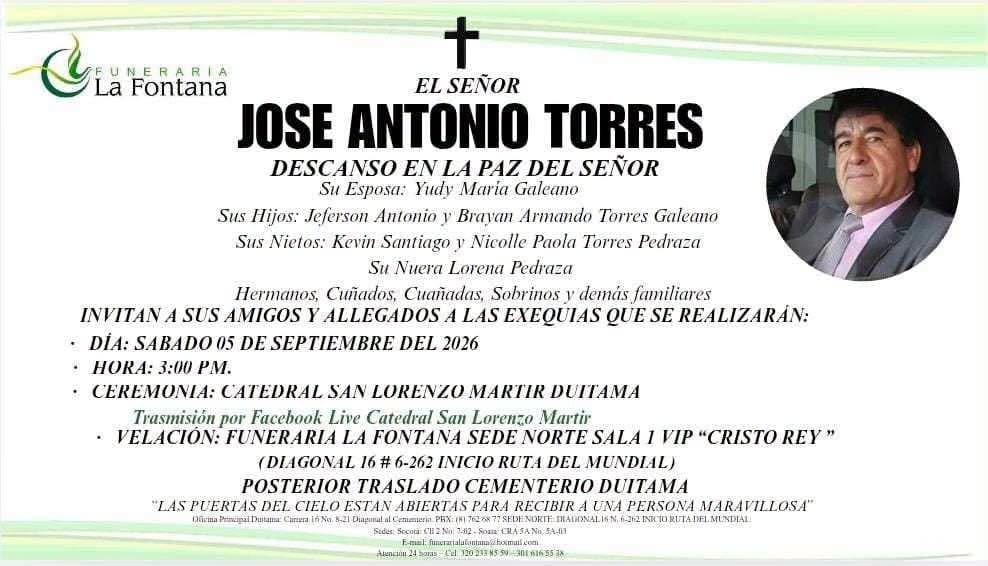 Sus honras fúnebres se realizarán este sábado 5 de septiembre en la ciudad de Duitama.