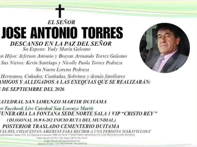 Sus honras fúnebres se realizarán este sábado 5 de septiembre en la ciudad de Duitama.