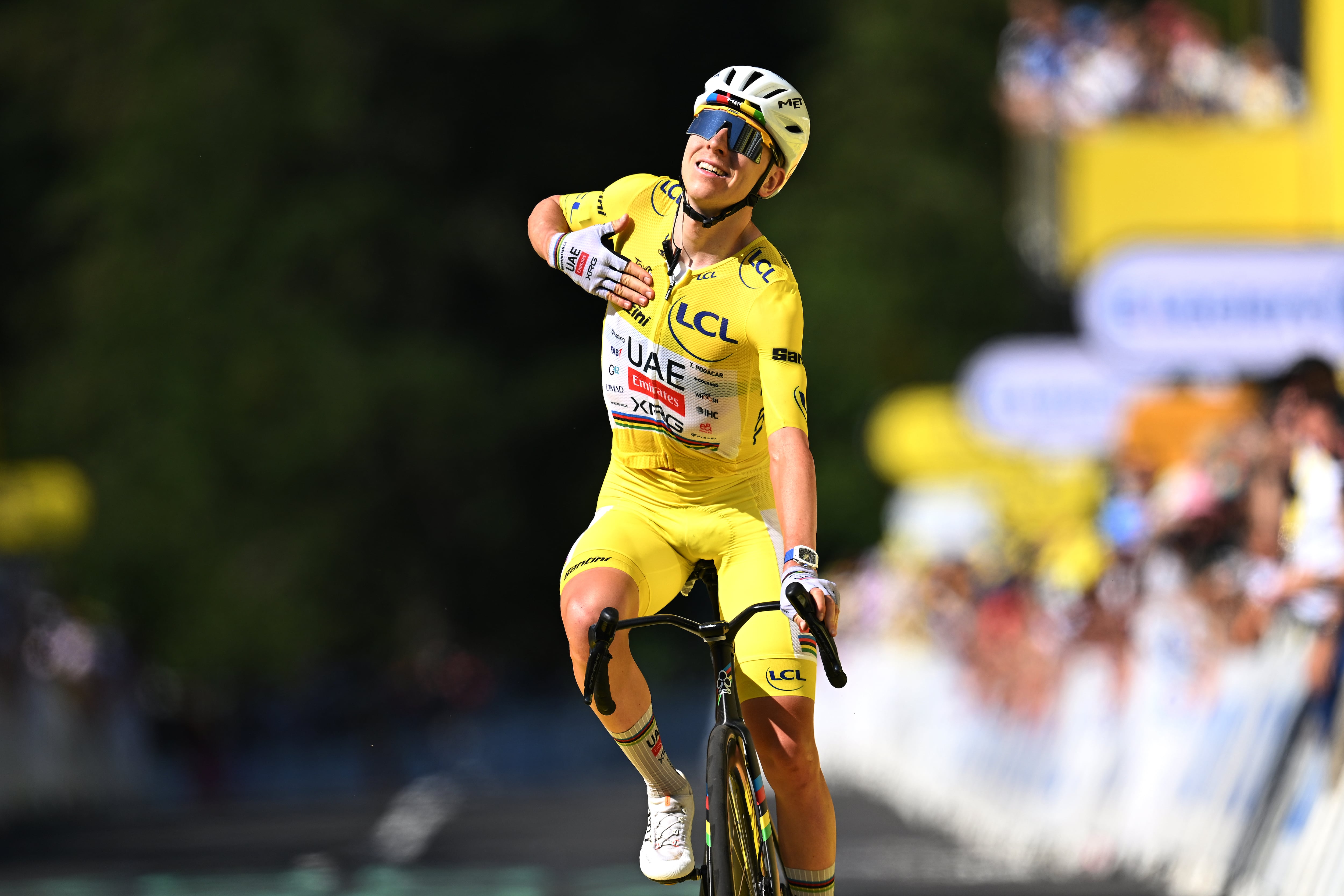 LE LIORAN, FRANCE - JULY 14: Tadej Pogacar of Slovenia and UAE Team Emirates - XRG - Yellow Leader Jersey celebrates at finish line as stage winner during the 113th Tour de France 2026, Stage 10 a 166.6km stage from Aurillac to Le Lioran 1240m / #UCIWT / on July 14, 2026 in Le Lioran, France. (Photo by Tim de Waele/Getty Images)